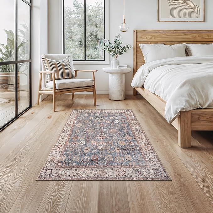 Bloom Rugs Washable Non-Slip 3' x 5' Rug - Beige/Blue Traditional Bordered Area Rug for Living Room, Bedroom, Dining Room, and Kitchen - Exact Size: 3' x 5'