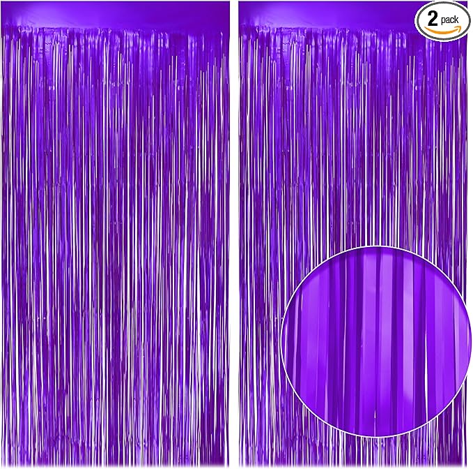 2 Pack Metallic Purple Fringe Backdrop, 3.2x8.2ft Shining Foil Tinsel Curtains, Birthday Party Decorations Door Streamers for Halloween, Christmas, Wedding, Graduation, Holiday, Theme Events