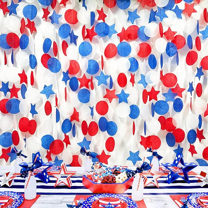 173Ft Navy Blue Red and White Party Decorations Big Star Circle Dots Backdrop Streamer Garland for 4th of July American USA National Day Patriotic Veterans Graduation Wedding Birthday Party Supplies