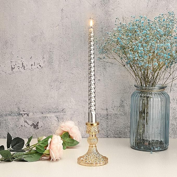 OwnMy Set of 2 Gold Glass Taper Candle Holders Decorative Glass Candlestick Holders, Modern Taper Candle Stands Candlesticks for Dining Table Centerpieces Wedding Church Decor