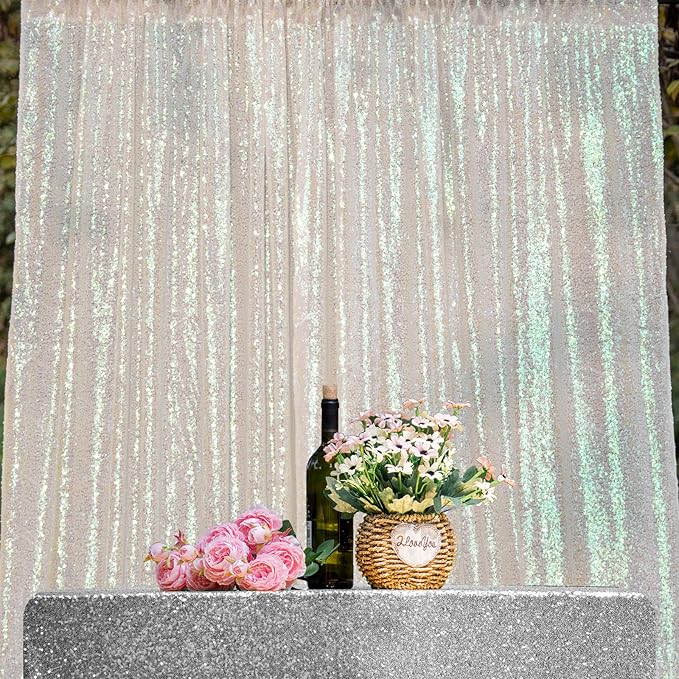 Iridescent White Sequin Photography Backdrop Curtains 8FTx8FT 1 Panel Sparkly Background Drapes for Party Birthday