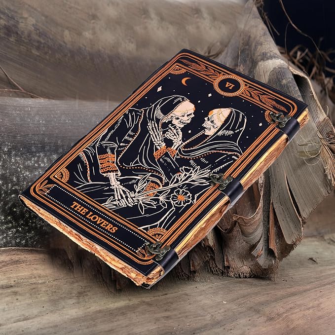 cuero Book of Spells Leather Journal Deckle Edge Paper Grimoire Printed Journal The Lovers Tarot Notebook Spiral Gothic Notebook Skull lover Antique Vintage Leather Journals for Women and Men