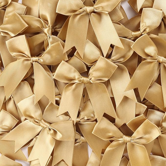 Feluwi Golden Gift Wrap Bows (50 Pcs) - 3.3 Inch Elegant Plastic-Free Bows for Christmas Gifts, Birthday Presents, Wedding Friendly Party Supplies, Baby Shower, Gift Bags Decorative Accessories