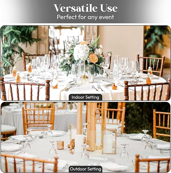 Acrylic Table Numbers 1-20 with Stand, Printed Gold Font on 4x6 inch Acrylic, Clear Table Number Signs and Holders, Centerpiece for Events, Weddings, Reception, Party, Anniversary, and Decoration