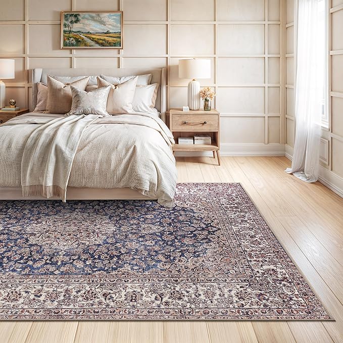 Bloom Rugs Washable Non-Slip 8' x 10' Rug - Dark Blue/Beige Traditional Medallion Area Rug for Living Room, Bedroom, Dining Room, and Kitchen - Exact Size: 8' x 10'
