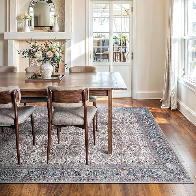 Bloom Rugs Washable Non-Slip 8' x 10' Rug - Teal/Blue/Beige Traditional Oriental Area Rug for Living Room, Bedroom, Dining Room, and Kitchen - Exact Size: 8' x 10'
