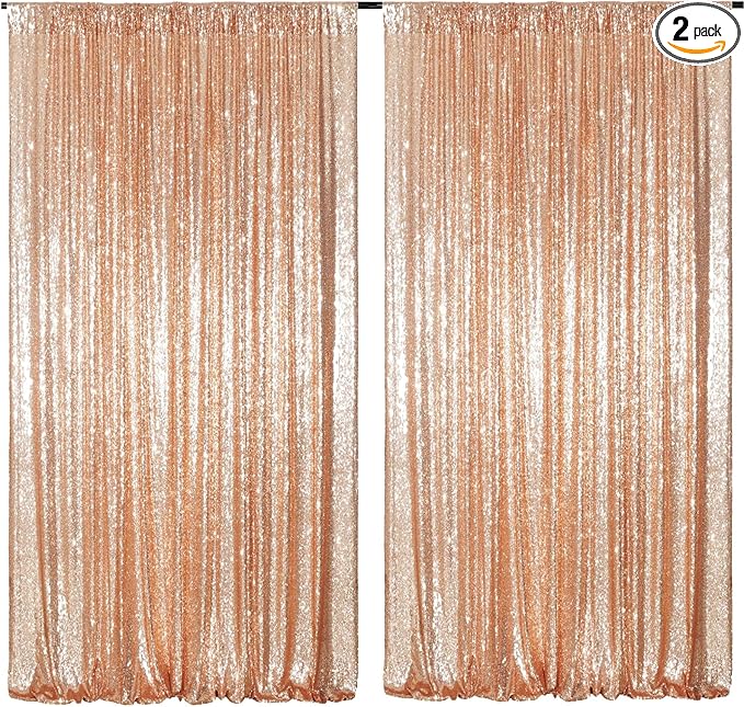 Poise3EHome Rose Gold Sequin Backdrop Curtain, 2 PCS 5FT x 10FT Sequin Backdrop Panels,Sequence Wedding Party Background Drapes