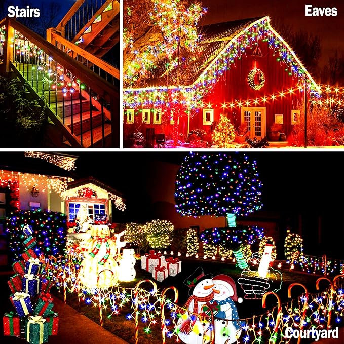 KNONEW 99ft 1216 LED Christmas Lights Outdoor 8 Modes Curtain Fairy String Light with 228 Drops, Clear Wire LED String Light Decor for Wedding Party Christmas Decorations(Multicolor)