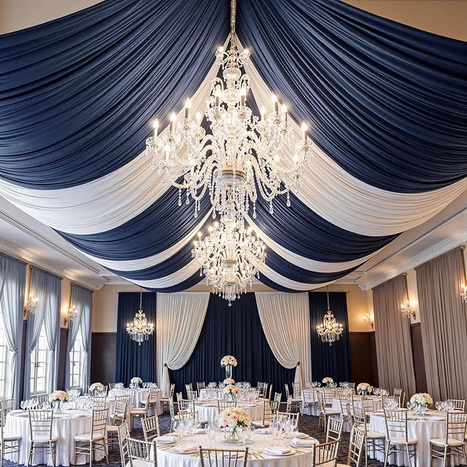 PartyVillage 4 Panels 5ftx30ft Navy Blue Ceiling Drapes for Wedding Parties – 30 FT Extra Long Thick Polyester Wrinkle-Free Drapery Tent Decor Decorations for Birthday Party Ceremony Stage Swag