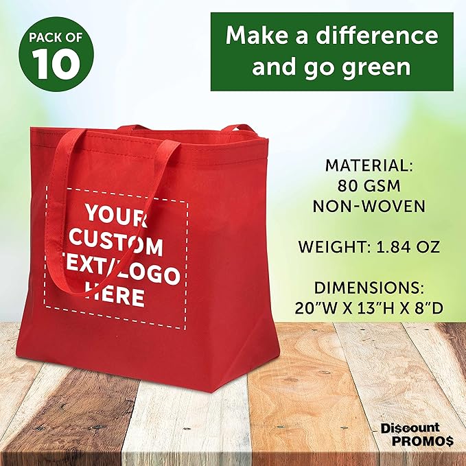DISCOUNT PROMOS Custom Southern Style Grocery Tote Bags Set of 10 - Personalized Bulk Pack, Reusable Grocery & Shopping Bags - Great for Travel, Business Promotions, July 4th - Red - 20"X13"X8"