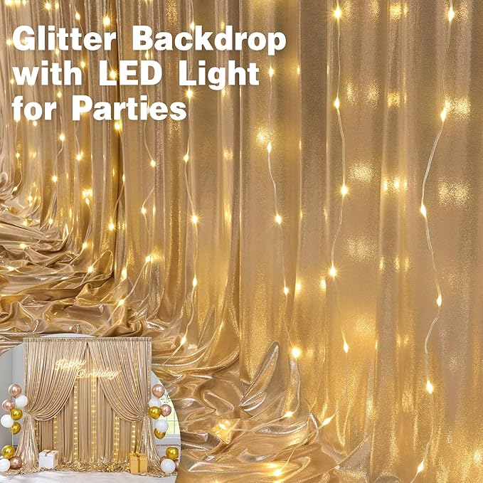 10x10 ft Champagne Sequin Backdrop Curtain with Lights for Parties, Wrinkle Free Glitter Photo Backdrop Drapes Shimmer Back Drop Cloth for Wedding Birthday Photography Background