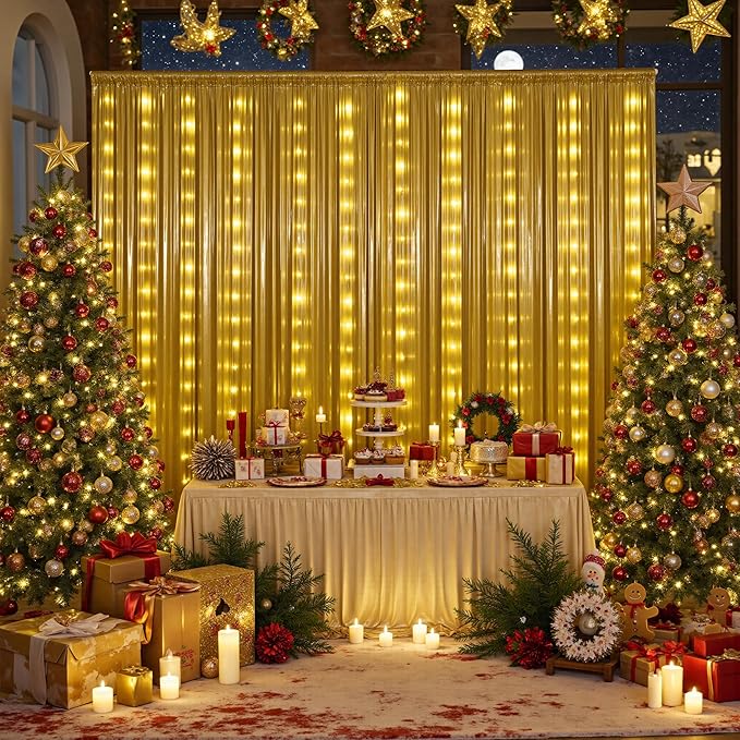 PartyVillage 20x10FT Gold Sequin Backdrop Curtain with String Lights – 4 Panels 5x10FT Sparkly Wrinkle-Free Glitter Backdrop Drapes for Birthday, Wedding, Photography, Graduation Party Décor
