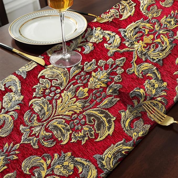 Exquisite Red Table Runner Large 108 inch Tassels Dazzling Vintage European Floral Chenille Fabric