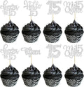 30Pcs 15th Birthday Cupcake Toppers Fifteen Cupcake Picks Cheers to 15 Years Old Mis Quince 15 Cake Decorations for 15th Birthday Anniversary Party Silver Glitter