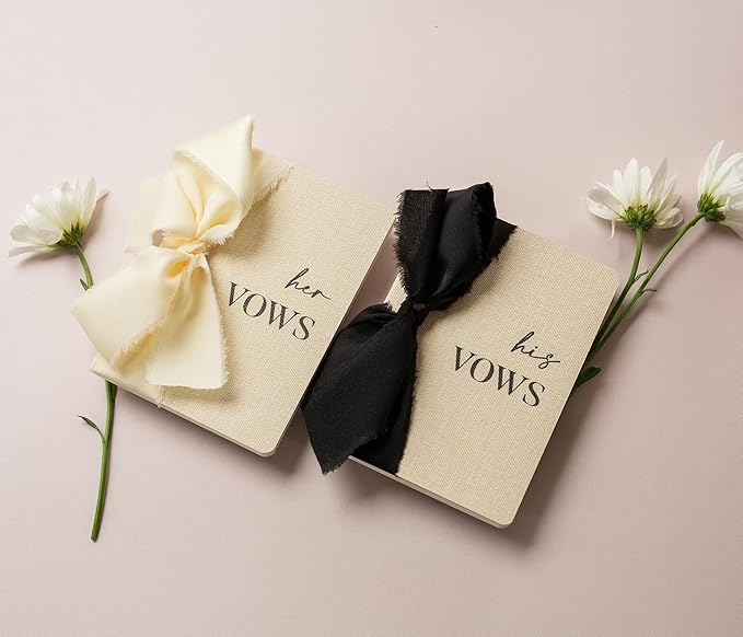 Slim Vow Books with Ribbons (Set of 2 - Design 1) - 5.75" x 4" Soft Cream Canvas Linen Textured Cover Wedding Vow Booklets, Ceremony Speech Note Journal, Gift for Newly Engaged Couple, 48 Lined Pages