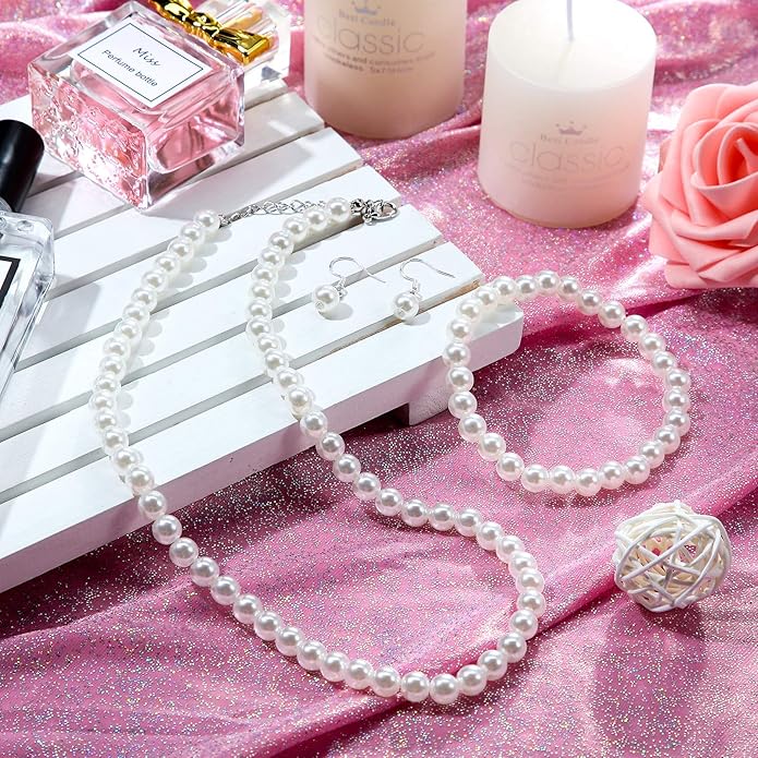 4 Pcs 1920s Faux Pearl Costume Jewelry Set for Women Halloween Simulated Necklace Bracelet Earrings for Wedding