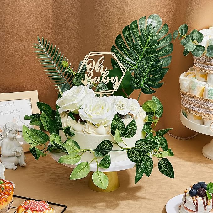 34-piece Wood Cake Topper Set - Boho Cake Decorations with Artificial Eucalyptus Leaves for Gender Reveal Parties, Birthdays, and Weddings