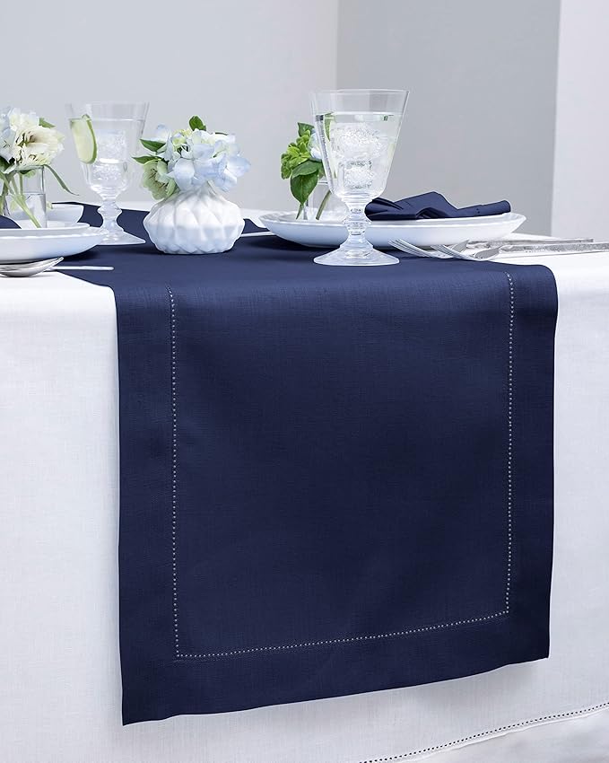Solino Home Linen Navy Blue Table Runner 132 Inches Long - 100% Pure Linen Extra Long Table Runner 14 x 132 Inch for Fall, Autumn, Thanksgiving, Christmas - Classic Hemstitch