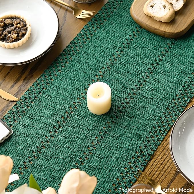 Artoid Mode Dark Green Farmhouse Woven Rustic Hollow Table Runner, Seasonal Holiday Hollow Kitchen Dining Table Decoration for Home Party Decor 12x108 Inch