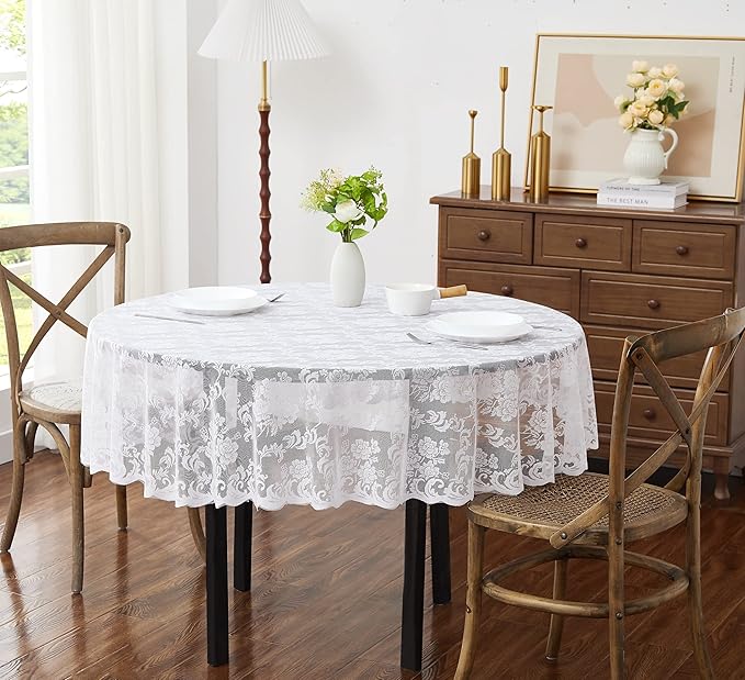 LinenZone Extra Large White Round Tablecloth for Rustic Vintage Decor. Sheer Lace Table Cloth Works Great As Wedding Tablecloth or Thanksgiving Table Cover. (Mia 132 Round, White)