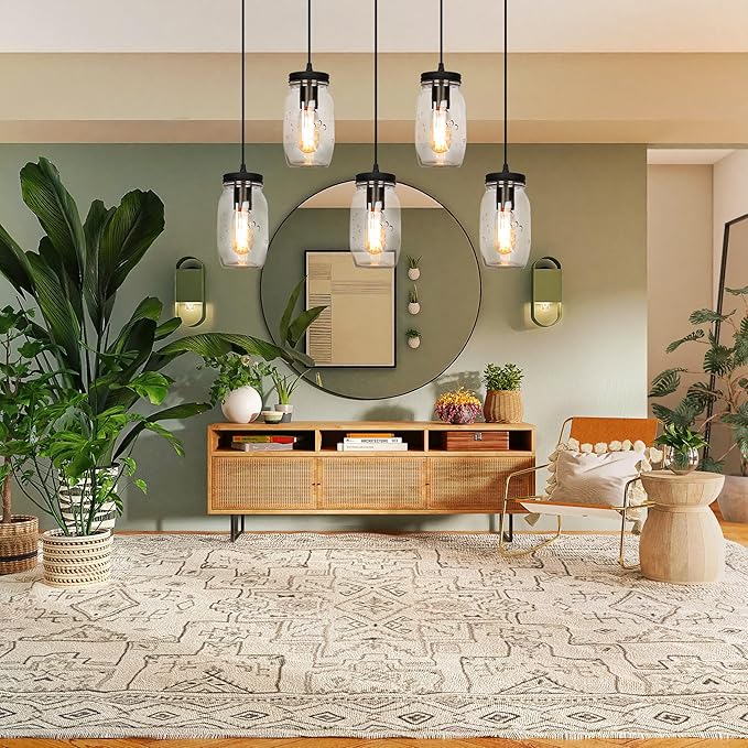 Glass Mason Jar Light Fixtures, 5-Light Adjustable Height Pendant Ceiling Lights Flush Mount - Black Country Farmhouse Lights for Kitchen Dining Room Foyer Stairway Hallway Entryway Porch