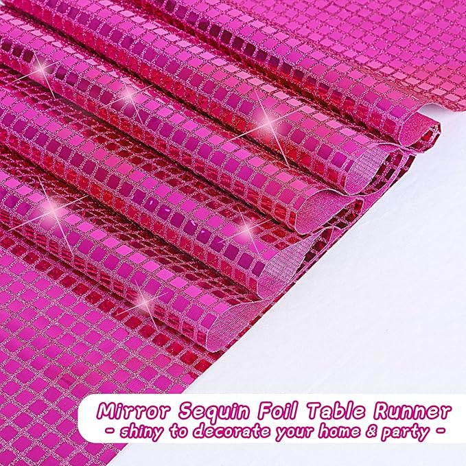 Durony 2 Pack Disco Table Runner 11 x 108 Inch Mirror Hot Pink Glitter Foil With Sparkle Sequin for Bachelorette, 70s, Cowgirl Party Decorations