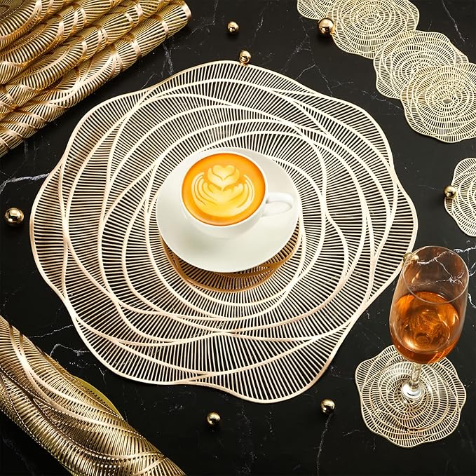 Sieral 12 Set 15 Inch Round Pressed Vinyl Placemats Hollow Out Rose Placemat Set Metallic Slip Resistant Place Mat Coaster Including Place Mats and Coasters for Wedding Dining Kitchen (Gold)