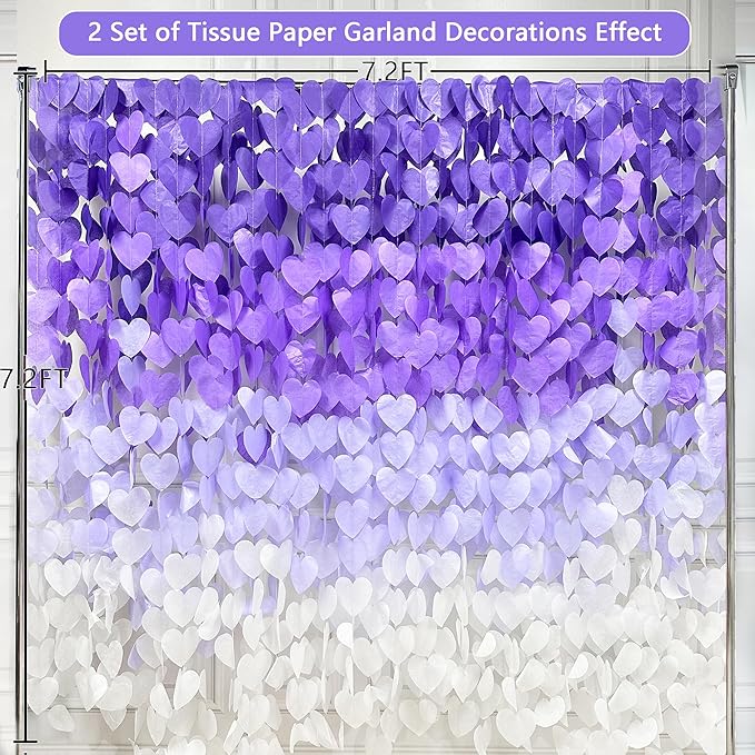 205Ft Lavender Party Decoration Ombre Purple White Heart Backdrop Streamer Tissue Paper Heart Hanging Garland for Birthday Valentines Day Bachelorette Wedding Bridal Shower Lilac Violet Party Supplies