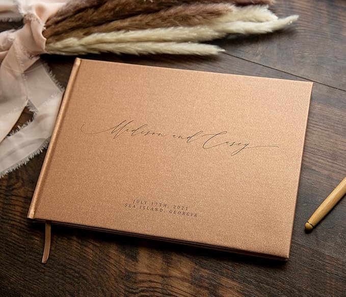 MUUJEE Personalized Guestbook in Bronze Shimmer - Premium Custom Modern Guest Book for Wedding Reception, Birthday Party or Events w/Bookmark Blank Pages for Signing 11.5 x 8.5 inches