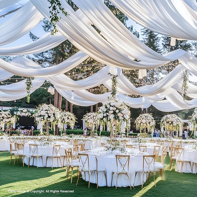 PartyVillage 60ftx40ft White Ceiling Curtain for Wedding Parties – 12 Panels Wrinkle-Free 40 FT Long Tent Draping Curtains for Wedding, Birthday & Theme Parties, 40ft Height with Rod Pocket