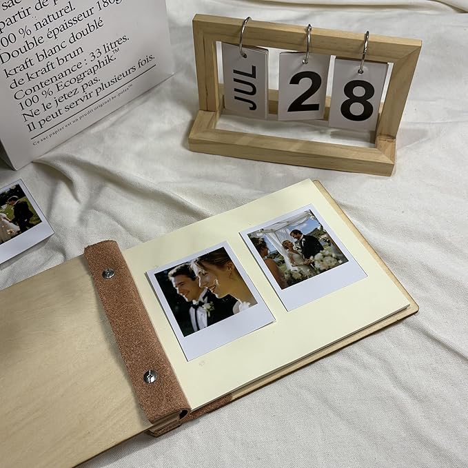 NBE Personalized Wooden Guest Book - Custom Wedding Sign-In Book with Burgundy Spine - Rustic Photo Album for Messages & Polaroids - Couples Keepsake Memory Gift (8.5x11.5 Inches)