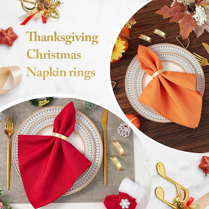 Gold Napkin Rings Set of 4, Stainless Steel Metal Gold Napkin Holder, Fall Thanksgiving Christmas Easter Napkins Rings for Table Decor Wedding, Banquet, Party