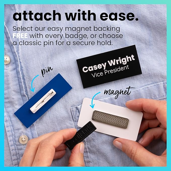 ExcelMark Custom Name Tag - Engraved Name Badge with Pin or Magnetic Backing, 16 Colors, 6 Fonts, and 2 Sizes to Choose from (Red w/White Letters, 1.5"x 3")