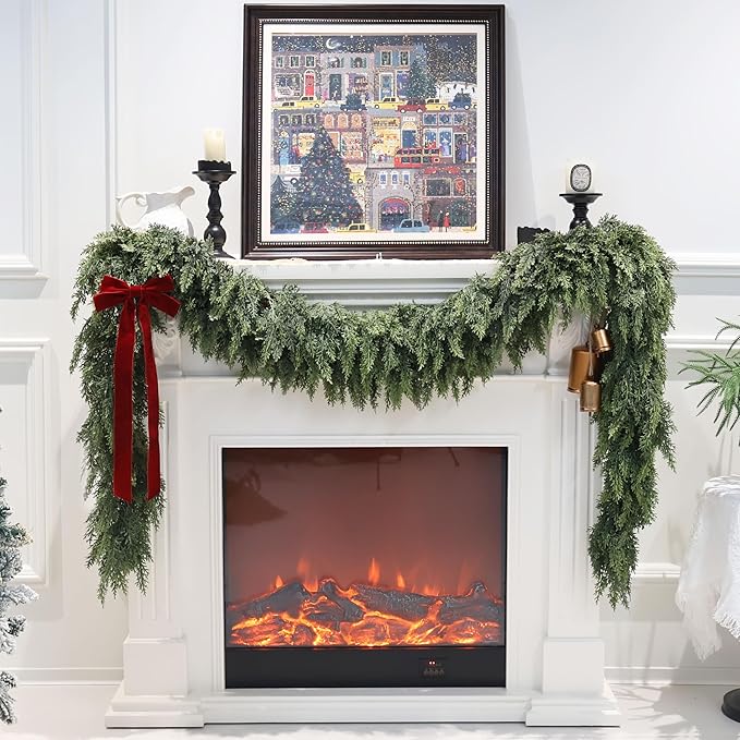 2PCS Artificial Cedar Garland for Christmas Decoration - Realistic Winter Greenery Garland for Mantel, Fireplace, Table, Door, Holiday Indoor Outdoor Decor 6FT