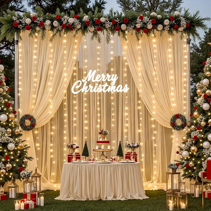 Champagne Tulle Backdrop Curtain with Lights String for Parites Wedding 10x8ft Champagne Sheer Backdrop Curtains for Bridal Shower Baby Shower Birthday Party Photo Booth Background Decorations