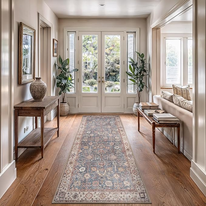 Bloom Rugs Washable Non-Slip 12 ft Runner - Beige/Blue Traditional Bordered Runner for Entryway, Hallway, Bathroom, and Kitchen - Exact Size: 2.5' x 12'