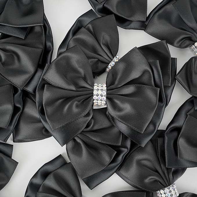 Black Satin Bows 4'' Premade Black Ribbon Bows, Gift Bows with Rhinestone, Wrapping Bows for Presents, Greeting Cards, Treat Bags, Wine Bottles, Valentines Bows for Gift Wrapping-12 Counts
