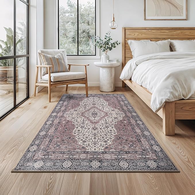 Bloom Rugs Washable Non-Slip 4' x 6' Rug - Cream/Green Traditional Medallion Area Rug for Living Room, Bedroom, Dining Room, and Kitchen - Exact Size: 4' x 6'