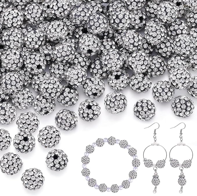 100pcs 10mm Rhinestone Beads for Jewelry Making, Black White Shiny Round Shamballa Disco Ball Beads, Sparkle Crystal Clay Christmas for Bracelet Baseball Necklace Earring Crafting and DIY