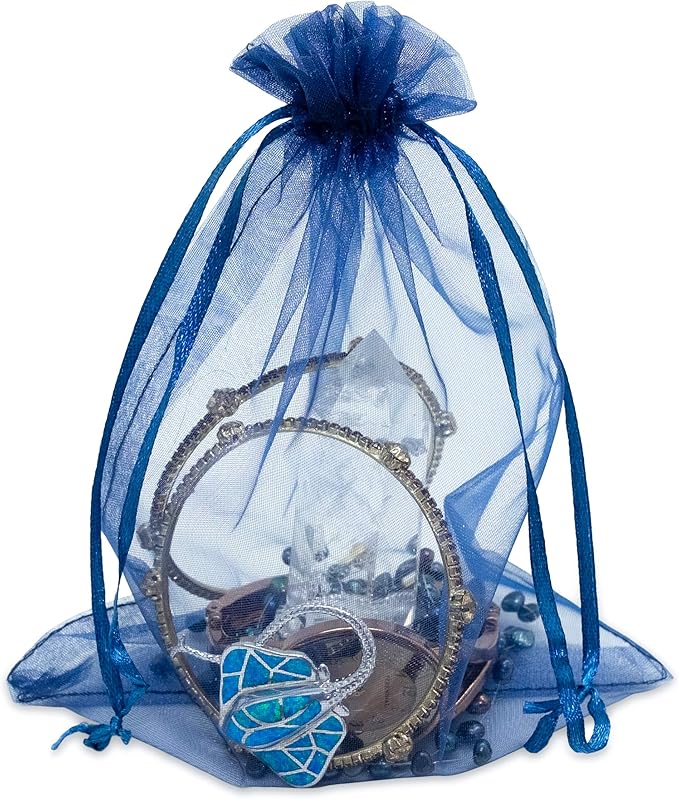 TheDisplayGuys 48-Pack 6x8 Navy Blue Sheer Organza Gift Bags with Drawstring, Jewelry Candy Treat Wedding Party Favors Mesh Pouch