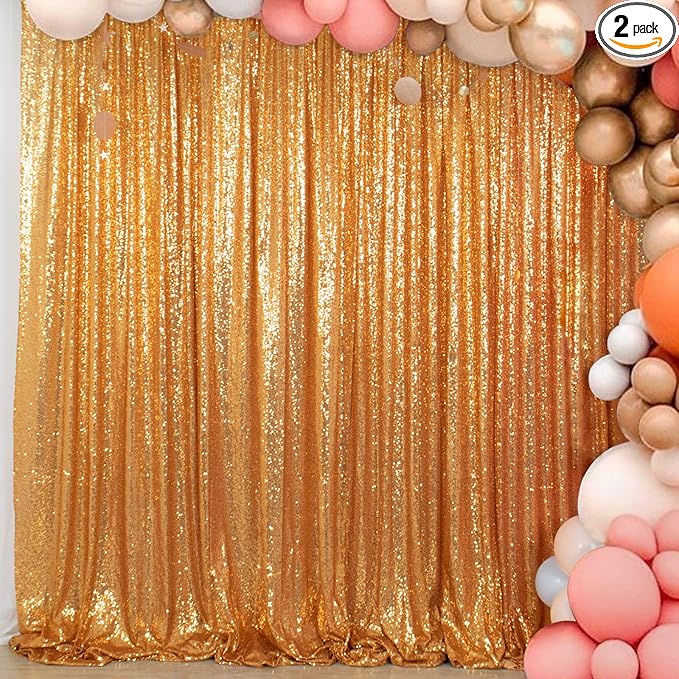 ShinyBeauty Gold Sequin Backdrop Curtain | 2 Panels 5FTx10FT Glitter Wedding Photography Background | Elegant Shimmer Curtains for Parties & Events Fabric Backdrops
