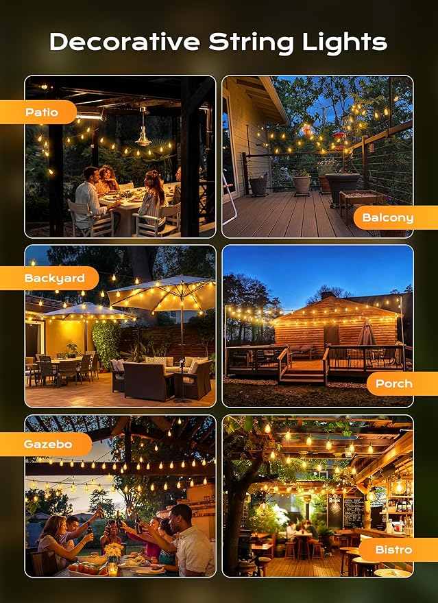 Brightown Outdoor String Lights, 200FT 100+2 LED ST38 LED Patio Lights Shatterproof, Dimmable IP65 Waterproof Connectable Hanging Outdoor Light for Backyard, Porch, Deck, Balcony