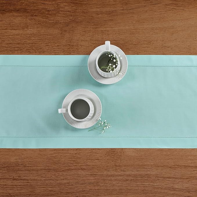Solino Home Cotton Linen Table Runner 108 Inches Long - Hemstitch Pastel Turquoise Dining Table Runner 14 x 108 Inch