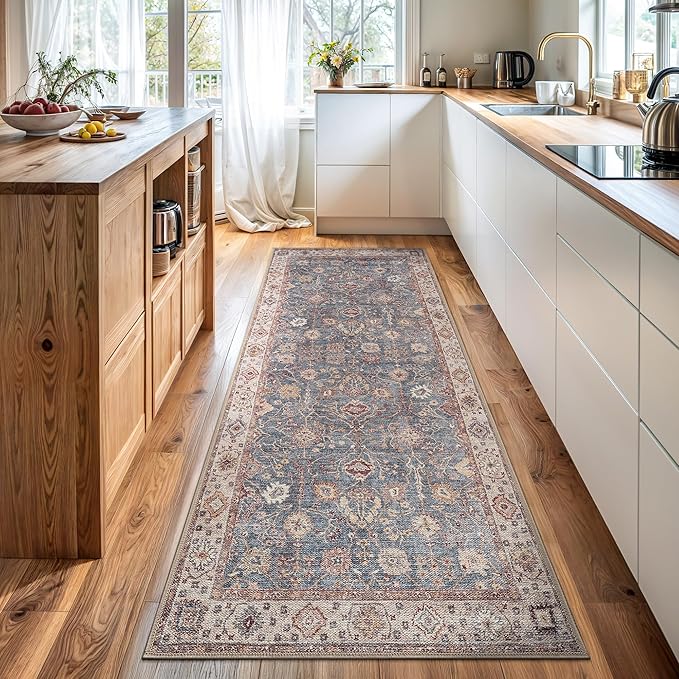 Bloom Rugs Washable Non-Slip 12 ft Runner - Beige/Blue Traditional Bordered Runner for Entryway, Hallway, Bathroom, and Kitchen - Exact Size: 2.5' x 12'