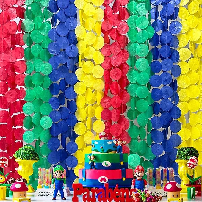 205Ft Super Mario Party Decorations Red Green Blue Yellow Big Polka Dot Tissue Paper Backdrop Streamer Circle Dot Hanging Garland for Birthday Baby Shower Carnival Circus Clown Fiesta Colorful Party