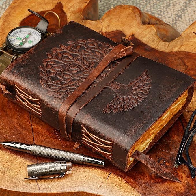 LUXEORIA Leather Journal for Women and Men, 200 Pages - 5"x7", Travel Dairy, Unlined Women's Notebook, Tree Of Life Sketchbook for Drawing, Writing- Antique Deckle Edges Handmade Paper, Vintage Brown