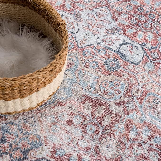 Bloom Rugs Caria Washable Non-Slip 8x10 Rug - Brick/Dark Blue Traditional Area Rug for Living Room, Bedroom, Dining Room, and Kitchen - Exact Size: 7'8" x 10'