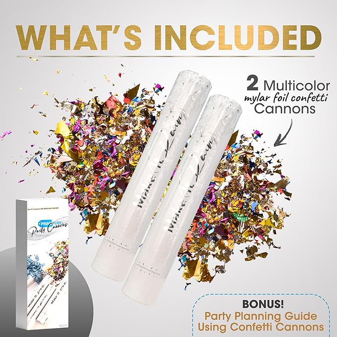 PrimePure Confetti Cannon Party Poppers - Metallic Foil Multicolor Confetti Poppers - 2 Pack - Easy-to-Use Party Cannon - Glitter Bomb Sparkle Pop Gun for Graduation, Birthday, Celebration, Prank