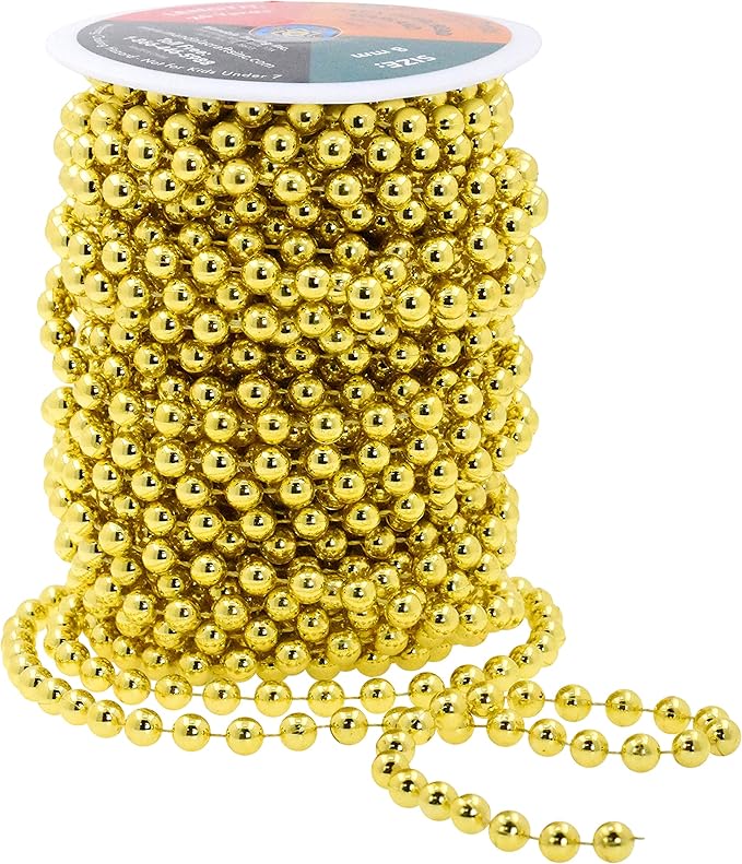 Mandala Crafts 8mm Faux Metallic Gold Pearl Beads Roll - 20 Yards Strand of Fake Pearls Chain Garlands Spool String for Christmas Tree, Wedding, Party, Vases, DIY Decoration