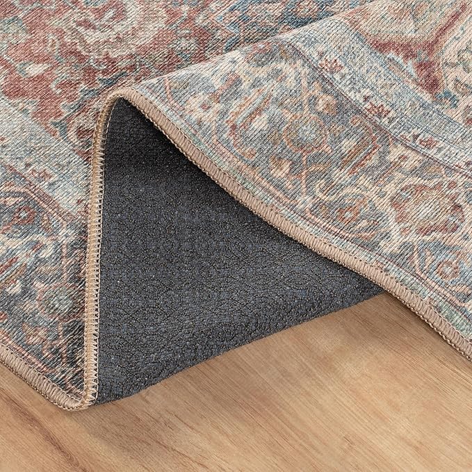 Bloom Rugs Washable Non-Slip 12 ft Runner - Red/Blue Traditional Medallion Runner for Entryway, Hallway, Bathroom, and Kitchen - Exact Size: 2.5' x 12'